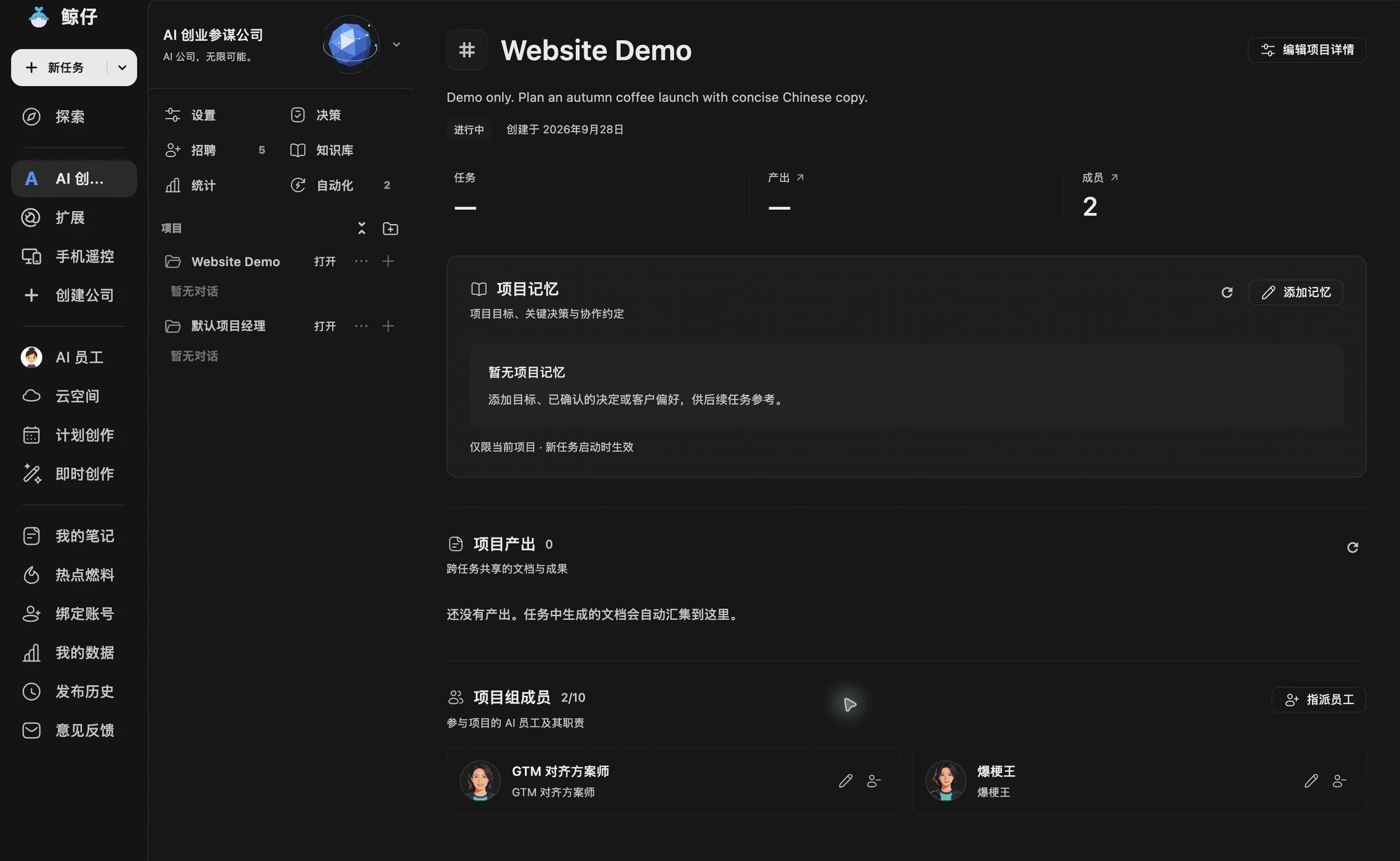 鲸仔项目页：项目记忆、产出与成员